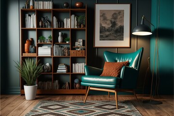 Stylish interior of living room with design leather armchair, wide and cross angle, carpet decor in home decor