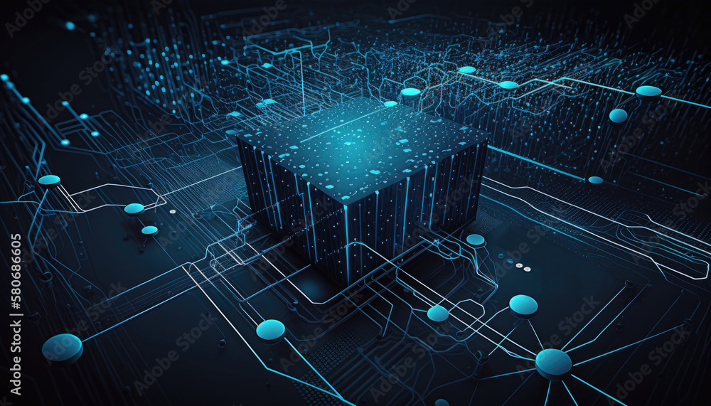 Poster abstract background with connecting dots and lines, dark shade of black or blue, futuristic data cen
