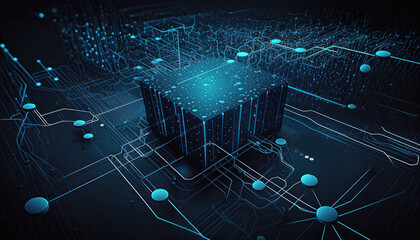 Abstract background with connecting dots and lines, dark shade of black or blue, futuristic data center or network hub. The overall effect is one of technology and innovation. Generative AI.