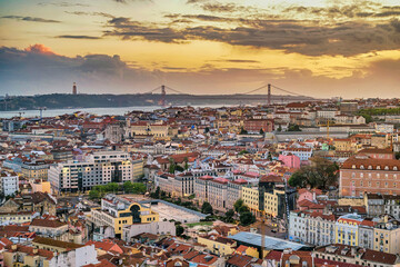 Lisbon Portugal sunset city skyline at Lisbon Baixa district