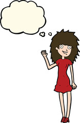 cartoon happy woman waving with thought bubble