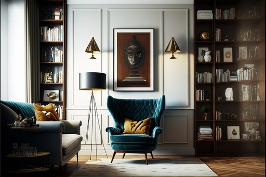 Stylish interior of living room with design leather armchair, wide and cross angle, carpet decor in home decor