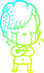 Fototapeta premium cold gradient line drawing cartoon crying girl with crossed arms
