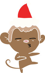 flat color illustration of a suspicious monkey wearing santa hat