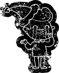 cartoon distressed icon of a man crying wearing santa hat