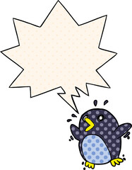 cartoon frightened penguin and speech bubble in comic book style