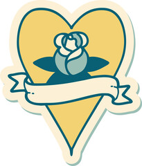 tattoo style sticker of a heart rose and banner