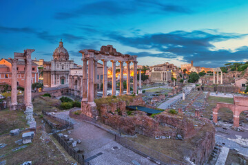 Rome Italy, night city skyline at Roman Forum and Rome Colosseum