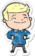 distressed sticker of a happy cartoon man