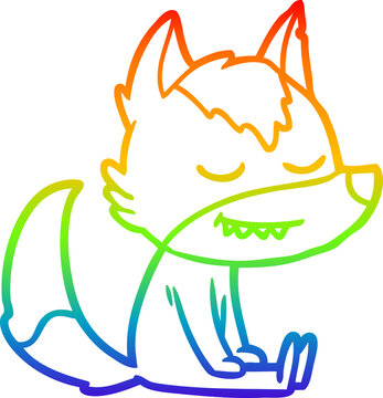 recommend clip art: rainbow gradient line drawing friendly cartoon wolf sitting down