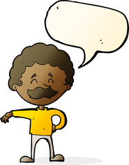 cartoon man making camp gesture with speech bubble