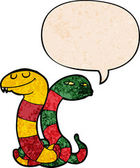 cartoon snakes and speech bubble in retro texture style