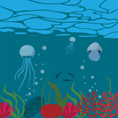 Underwater seascape in cartoon style. Sea bottom.
