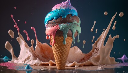 A stunning close-up of melting, colorful ice cream in the sun. Perfect for capturing summer vibes, indulgent treats, or the beauty in fleeting moments for your designs or marketing campaigns