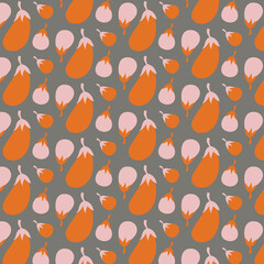 Seamless Pattern of Orange and Pink Cartoon style Aubergine on pale grey background, ideal for children products, wallpaper,fabric,print,card,wrapping paper mobile case etc.