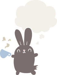cute cartoon rabbit with coffee cup and thought bubble in retro style