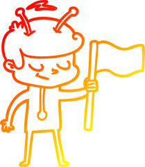 warm gradient line drawing friendly cartoon spaceman with white flag