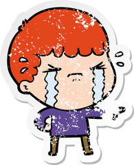 distressed sticker of a cartoon man crying