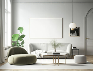 Modern bright living room, landscape frame on the wall,  created with Generative AI technology