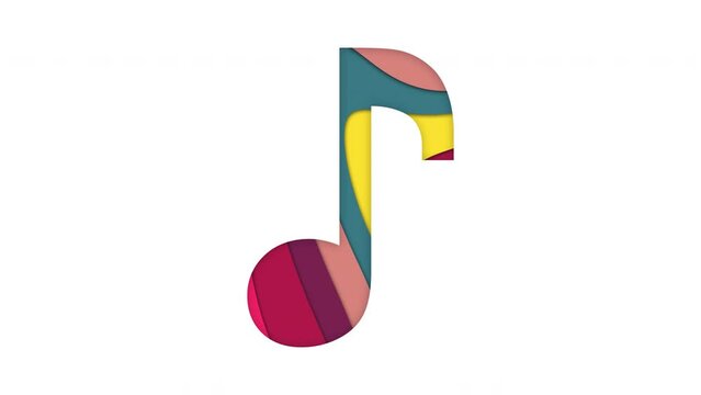 Multi-colored inscription   Eighth note  with colored spots floating inside. Looped from frame 120 to 839, Alpha BW at the end