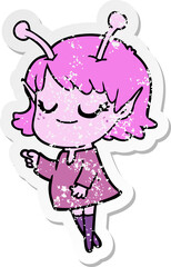 distressed sticker of a smiling alien girl cartoon