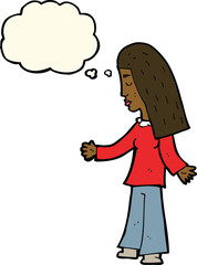 cartoon woman with open arms with thought bubble