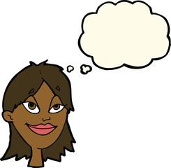 cartoon happy woman with thought bubble