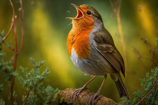 A beautiful picture of a Robin singing away with its mouth wide open. This picture was taken in Preston, United Kingdom, at the Longton Nature Reserve. Generative AI