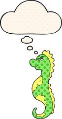 cartoon sea horse and thought bubble in comic book style
