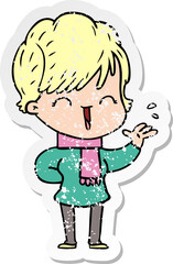 distressed sticker of a cartoon laughing woman