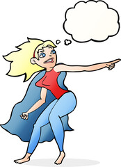 cartoon superhero woman pointing with thought bubble