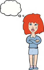 cartoon tough woman with folded arms with thought bubble