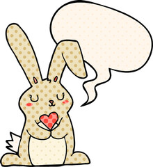 cartoon rabbit in love and speech bubble in comic book style