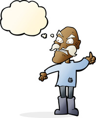 cartoon angry old man in patched clothing with thought bubble