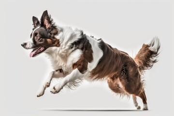 Dog run side view isolated. Border collie brown and white jump. Panorama dogs idea or white background. Generative AI