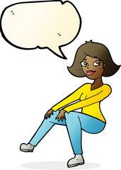 cartoon happy woman sitting with speech bubble