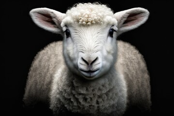 Face Of White Baby Sheep On A Black Background. Generative AI