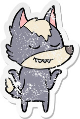 distressed sticker of a friendly cartoon wolf