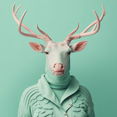 Fashion deer in cardigan. Green monochrome portrait. Generative AI