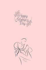Happy mother's day. Greeting card. Silhouette of mother and baby on a pink background. Vertical, text.