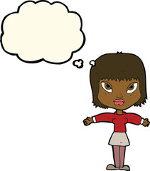 cartoon woman with outstretched arms with thought bubble