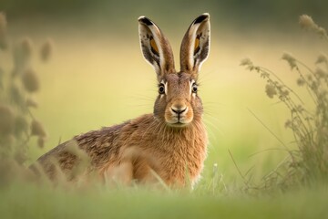 Lepus europaeus, a wild brown hare, looks with its ears perked up at a green field in the spring. Rabbit hiding in grass with the camera and copy space in front of it. Generative AI