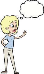 cartoon woman waving with thought bubble