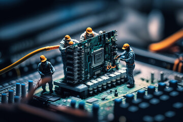 Group of technician figurine doing maintenance on a computer motherboard. Generative AI technology concept. - obrazy, fototapety, plakaty