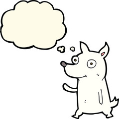 cartoon little dog waving with thought bubble
