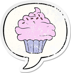 cartoon cupcake and speech bubble distressed sticker