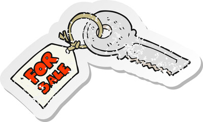 retro distressed sticker of a cartoon house key with for sale tag