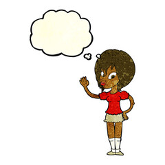 cartoon pretty woman waving with thought bubble