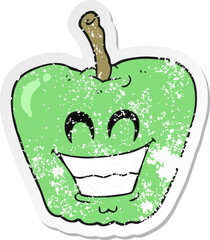 retro distressed sticker of a cartoon grinning apple