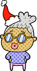 comic book style illustration of a librarian woman wearing spectacles wearing santa hat